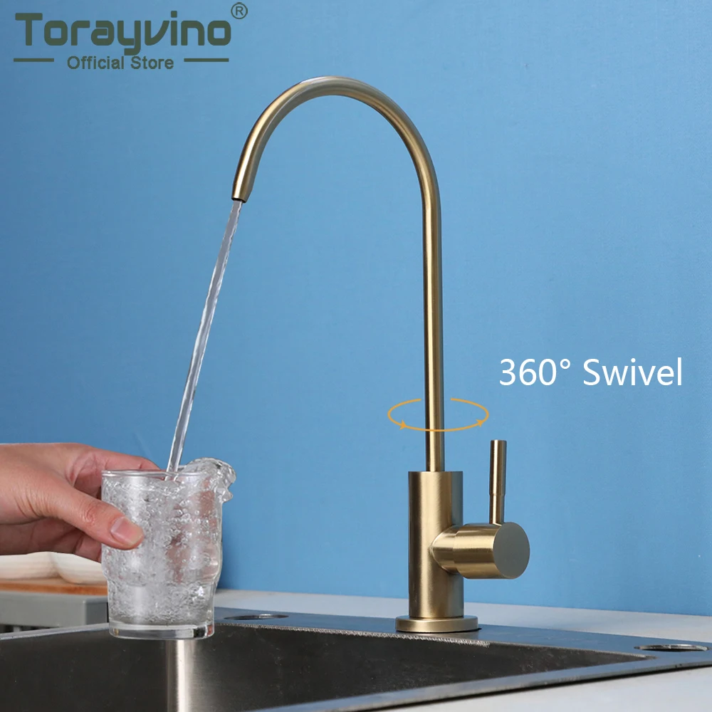 Torayvino Kitchen Water Filter Faucet 304 Stainless Steel Brushed Gold Tap Anti-Osmosis Purifier Only Cold Water Sink Torneira