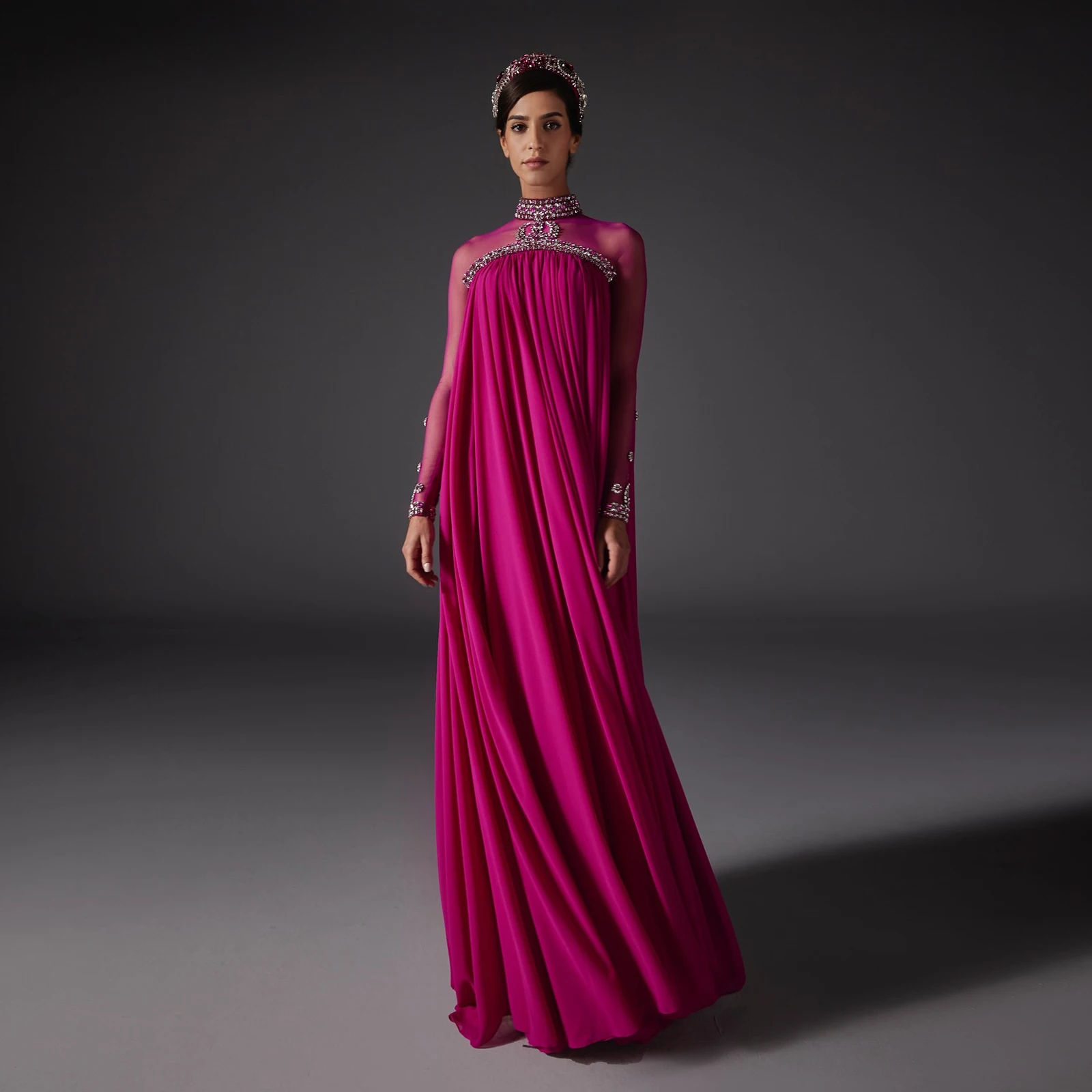 Pretty Fuchsia Chiffon Long Prom Gown Arabic Dubai Formal Party Dresses فساتين سهرة 2025 Sheer Neck Crystals Event Gala Dress