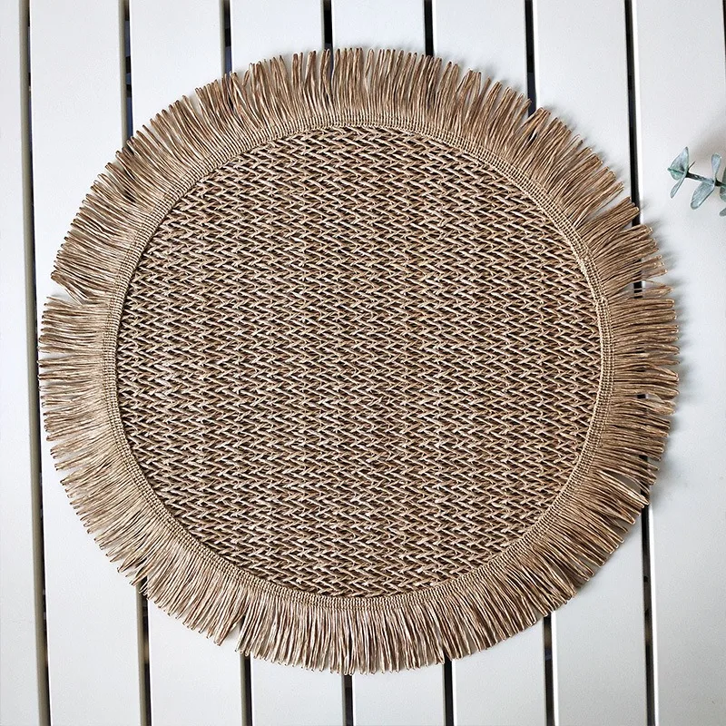 3pcs/set Handmade Paper Woven Round Placemat Non-Slip Heat Resistant Coaster for Dining Table Home Decor with Tassel Edge