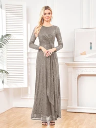 XUIBOL-vestido feminino de noite, manga comprida, gola em O, elegante e luxuoso, vestido feminino para casamento, lantejoulas azuis, baile e coquetel, 2024