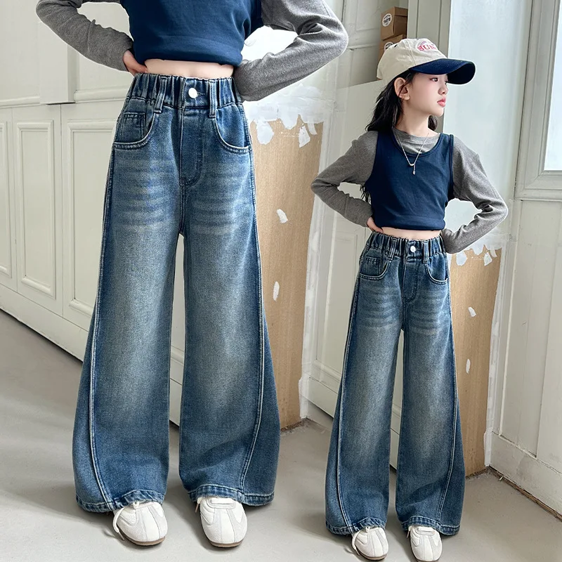 

Autumn Wide Leg Denim Trousers for Girls Loose Straight Floor Length Pants for Pre Teens