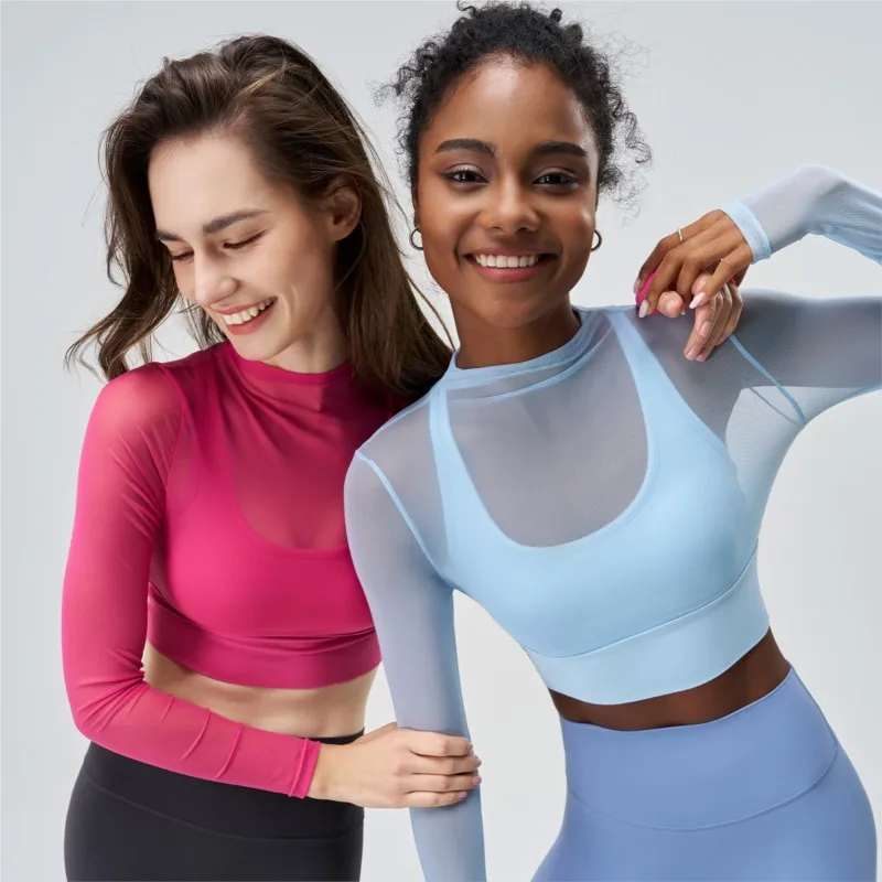 2024 Women High Elasticity Jogging Commuting Gym Fake Two Pieces Quakeproof Mesh Vests Yoga Fitness Quick-dry Long Sleeve Tops