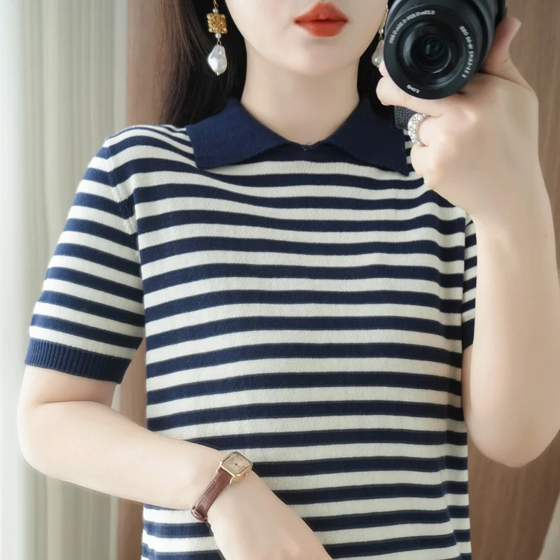 Summer 100% Cotton T-shirt Women's Knitted Short Sleeve Casual Stripe POLO Coll… - Image 3