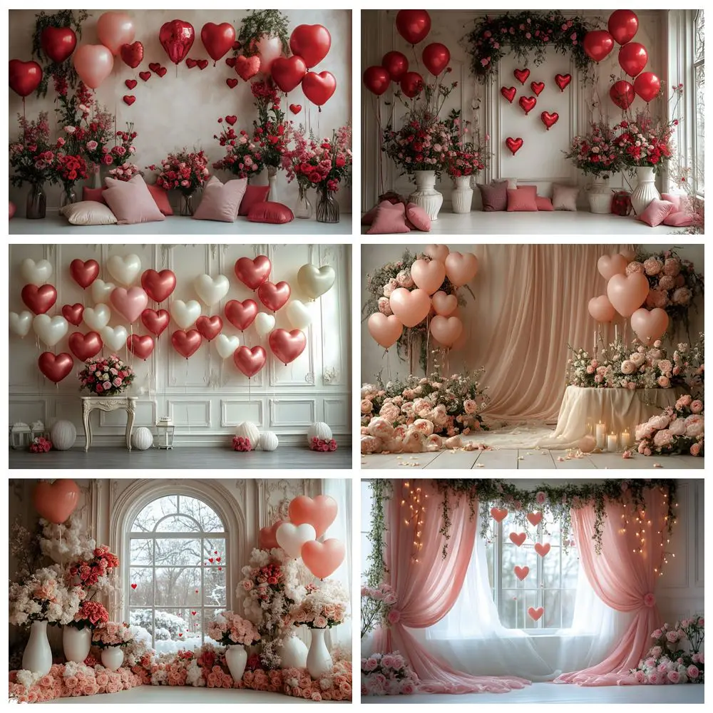 

Valentine's Day Photography Backdrop Flowers Rose Heart Balloons Interior Room Scene Window Curtain Wedding Photocall Background