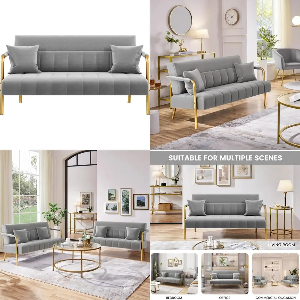 أريكة مخملية فاخرة بأذرع وأرجل معدنية ذهبية لغرف المعيشة الصغيرة، أريكة حديثة 56.5 وات، راحة المكتب المنزلي #1
