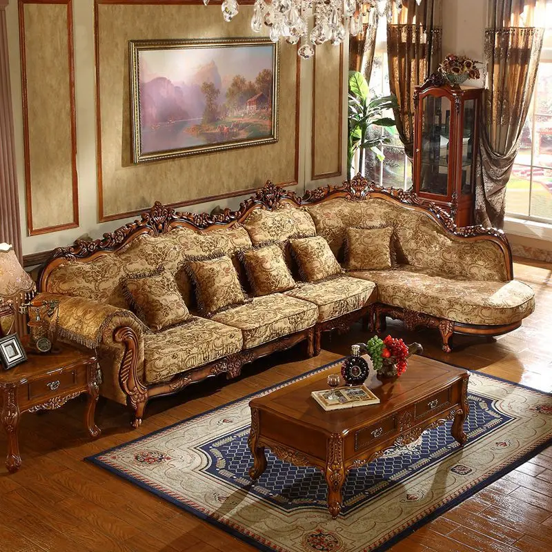 European Classical Antique Velvet L-Shaped Sectional Sofa Set, Luxury Living Room Furniture with Storage & USB, Vintage Corner C