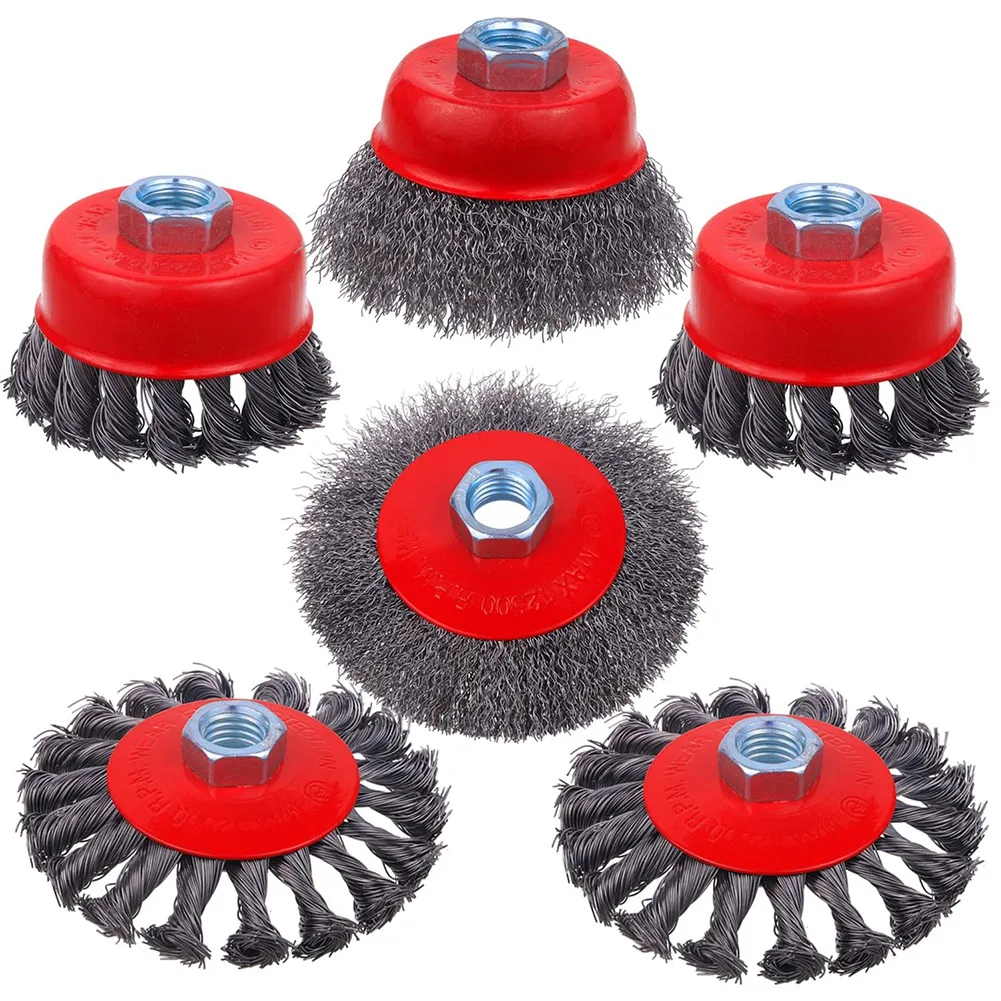 

6 Pack Wire Wheel Cup Brush, 3 & 4 Inch Twisted Knotted & Coarse Crimped Cup Brush, 5/8 -11 Inch Threaded Arbor