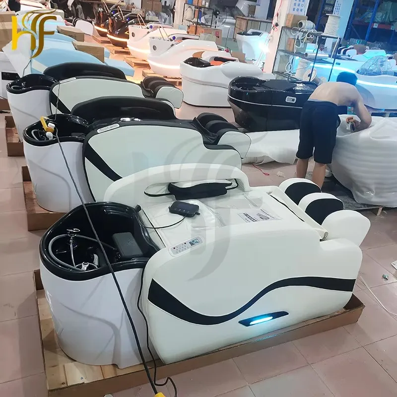 Modern Steam Hair Washing Luxury Shampoo Bed Black Leather Massage Shampoo Chair For With Water Circulation