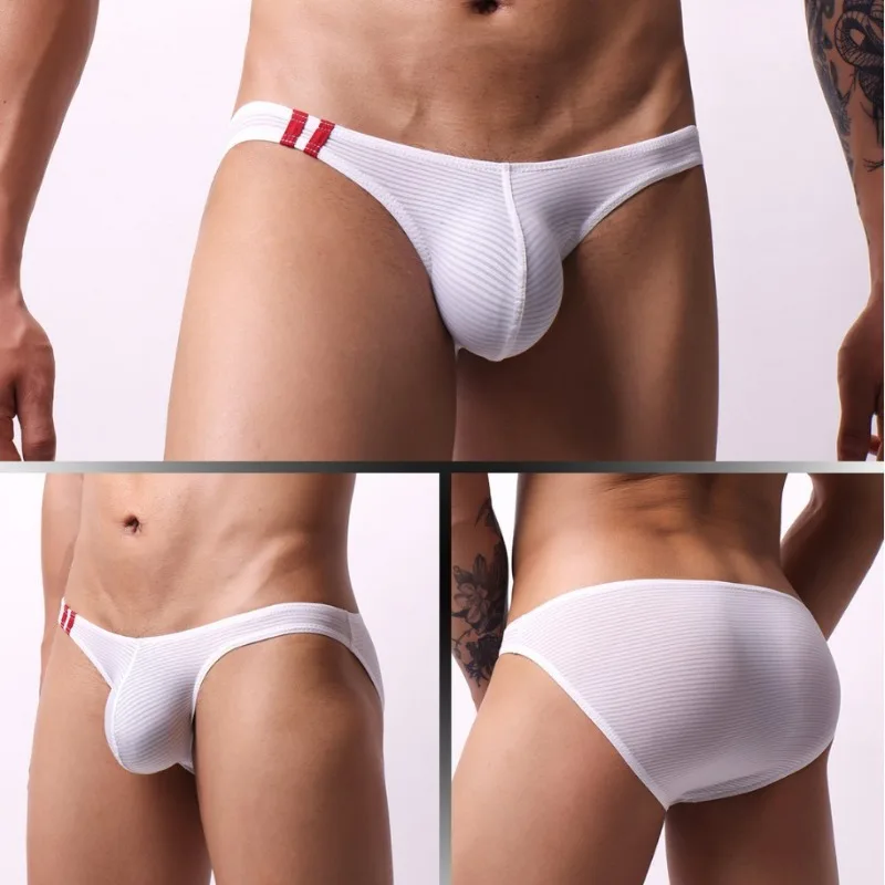 

Men's Low-rise Underwear Striped Breathable Bikini Briefs Sexy U Couvex Pouch Underpant Gay Male See Through Lingerie Panties