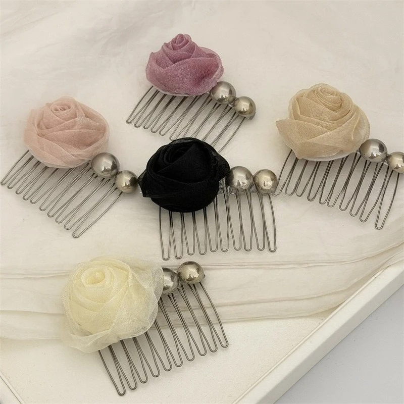 Elegant Pearl Hair Comb with Organza Rose HairClip for Women Stylish Hair Accessories Rose Hairpins Insert Comb
