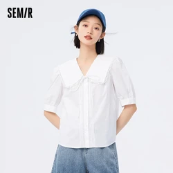 Semir Women Short-Sleeve Blouse Collar And Puff Sleeves Elegant Classical Pure Cotton Shirts Women