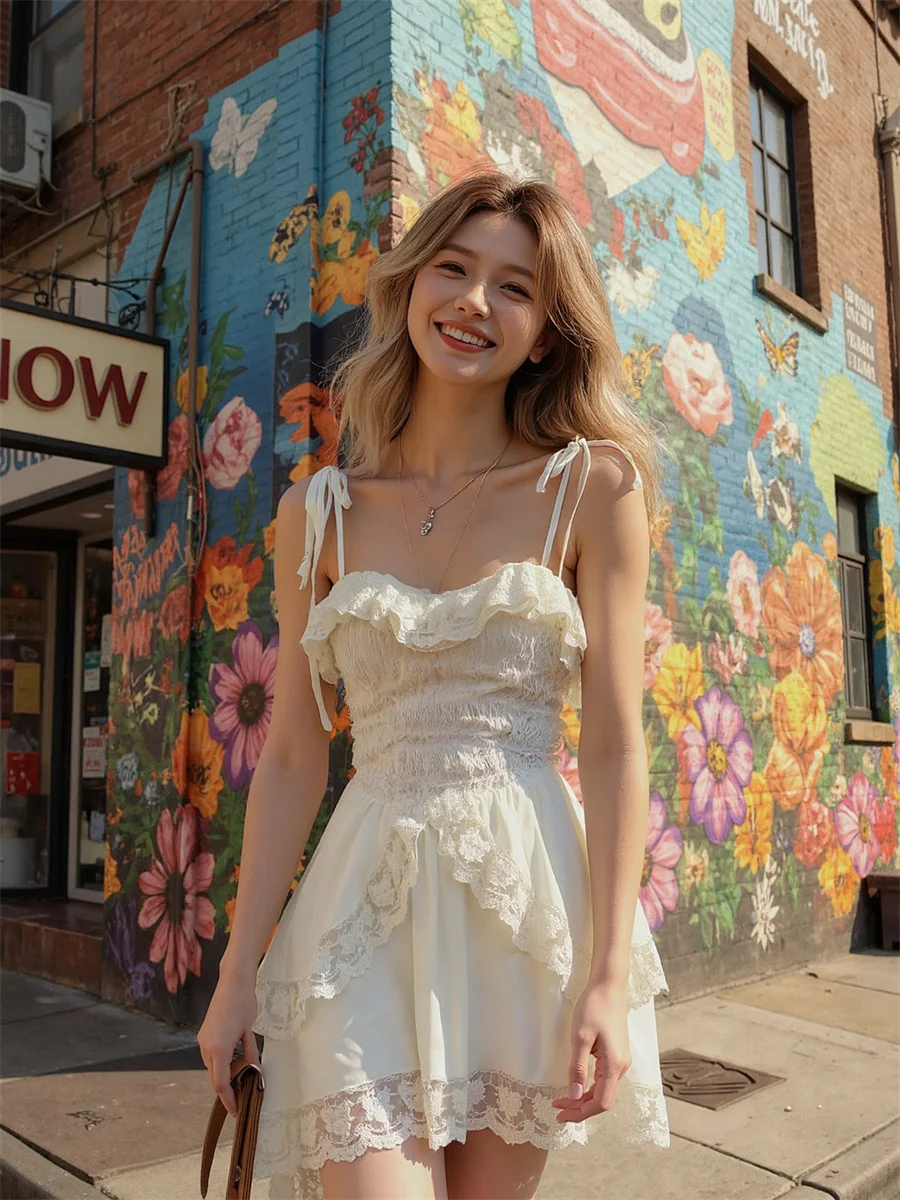 Women'S Dress A-Line Lace-Up Flounced Edge Crochet Lace Sheer Transparent Illusion Detail Feminine Sweet Romantic Delicate