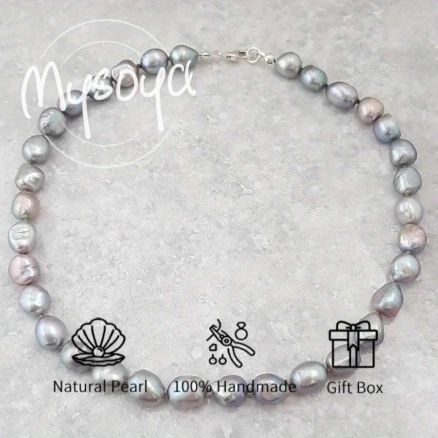 

MYSOYA Gray Baroque Pearl Necklace 7-8mm Pearl with Gift Box for Him/ Her Perfect for Daily/ Wedding/ Birthday/ Anniversary