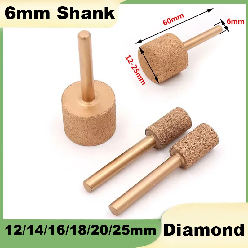 1Pcs 6mm Shank Brazed Cylindrical Diamond Grinding Flat Head 12/14/16/18/20/25mm Wheel Burr Grinding Engraving Bit 46 100 Grit