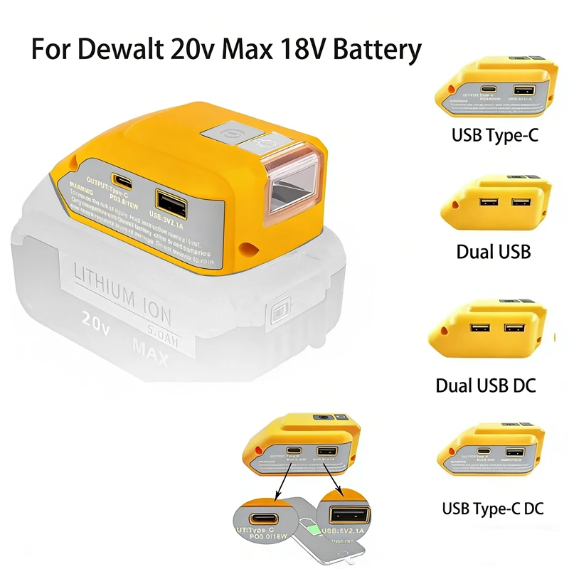 

For Dewalt 20v Max 18V Battery Adapter DCB090 Power Supply with USB TYPE-C DC12V Power Converter 140LM LED Work Light Flashlight