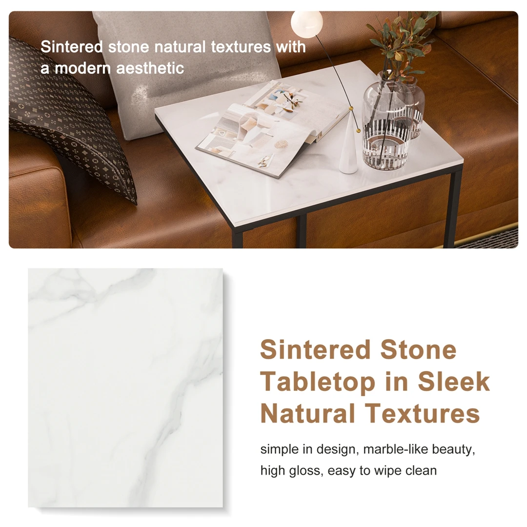 Modern Sintered Stone Top End Sofa Table with Metal Frame Snack and Coffee Table Set for Bedroom
