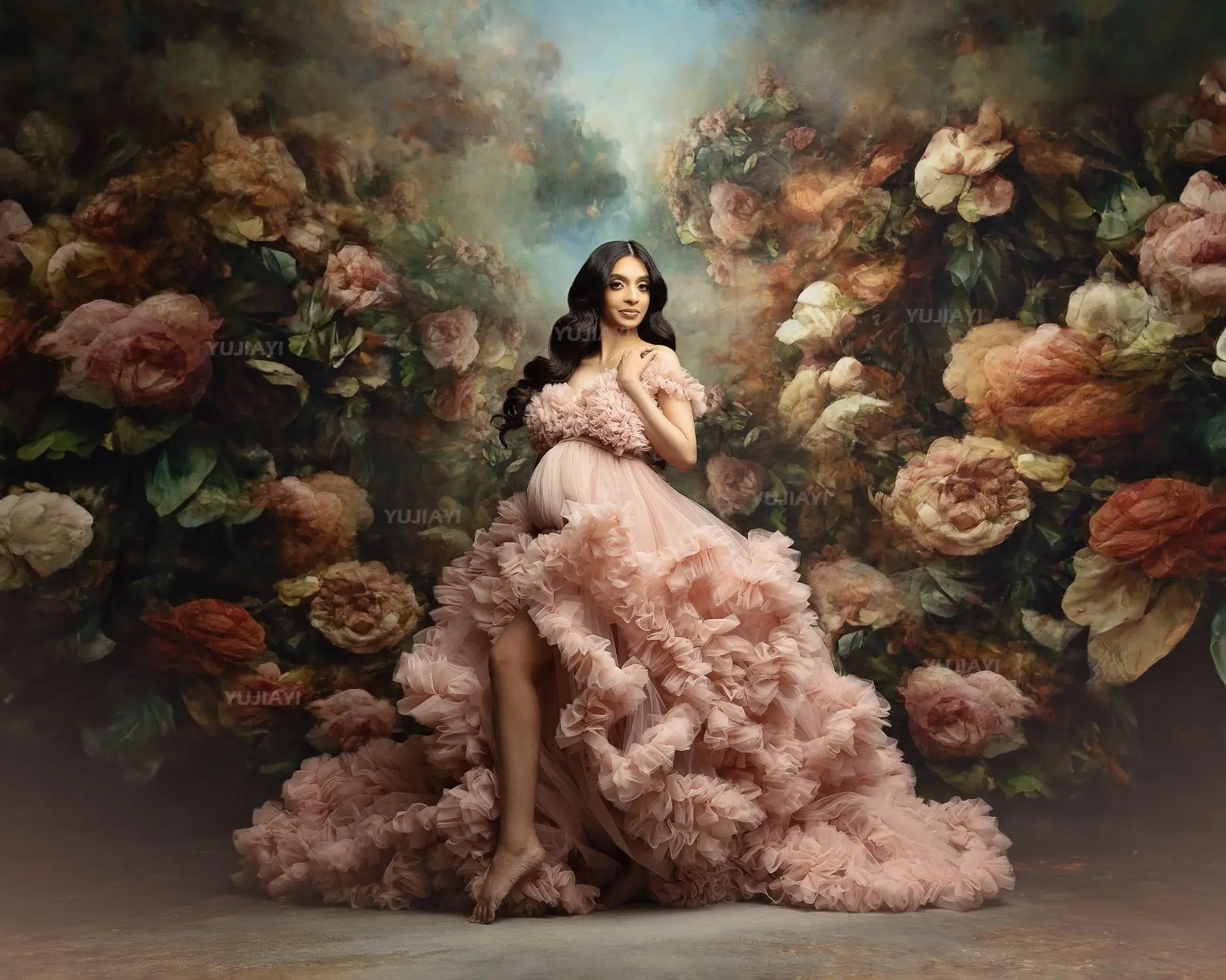 ฉัตรRufflesคลอดบุตรชุดราตรีPuffy Tulle Robesหญิงตั้งครรภ์ชุดด้านหน้าแยกงานแต่งงานเจ้าสาวชุดนอนการถ่ายภาพ