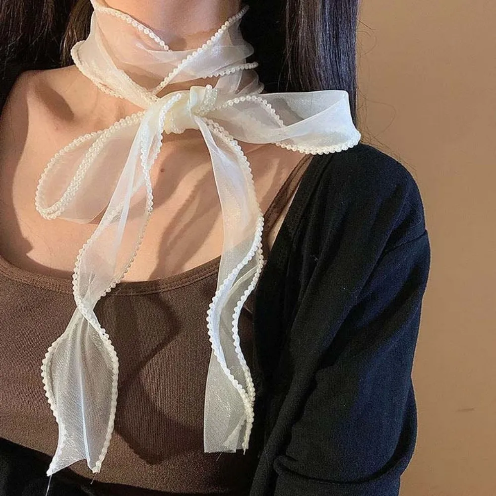 

Breathable Pearls Lace Long Scarf Large Wave Flower Shape Lightweight Neck Decoration Scarf White Long Hat Decor Accessories