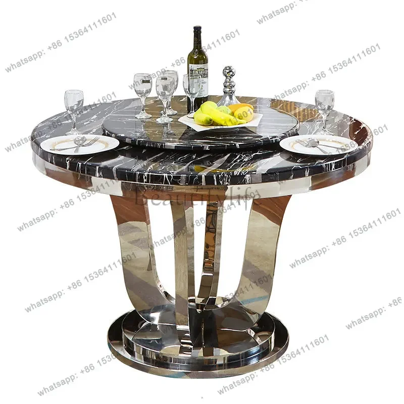 

12Marble round dining table Modern minimalist dining table with turntable European rotatable stainless steel table