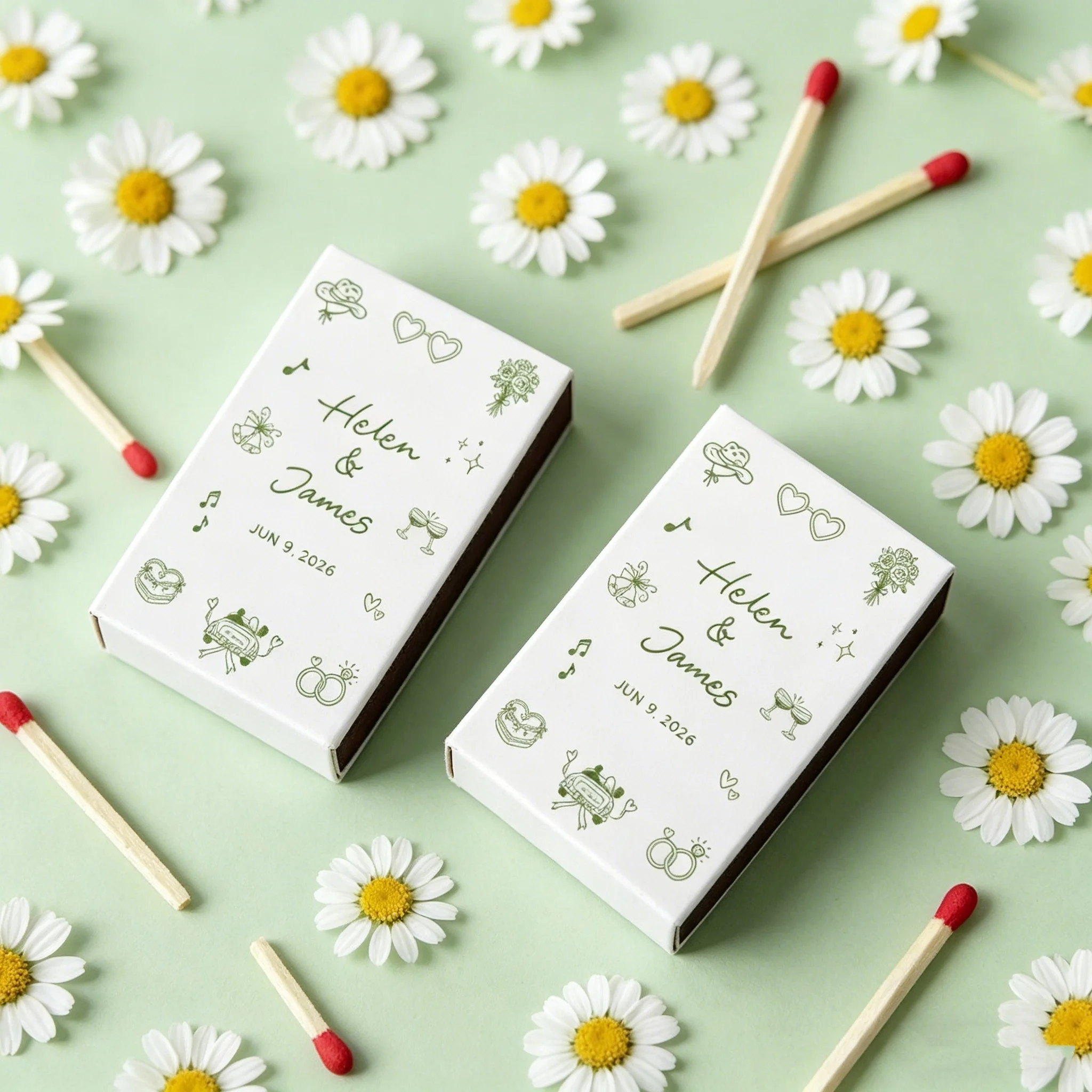 

Custom Just Married Wedding Matchboxes, Double-Sided Bulk Favors with Names & Date
