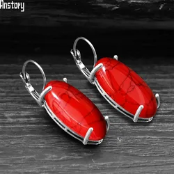 Big Vintage Eye Shape Synthetic Turquoises Earrings For Women Antique Silver Plated Fashion Jewelry Earring