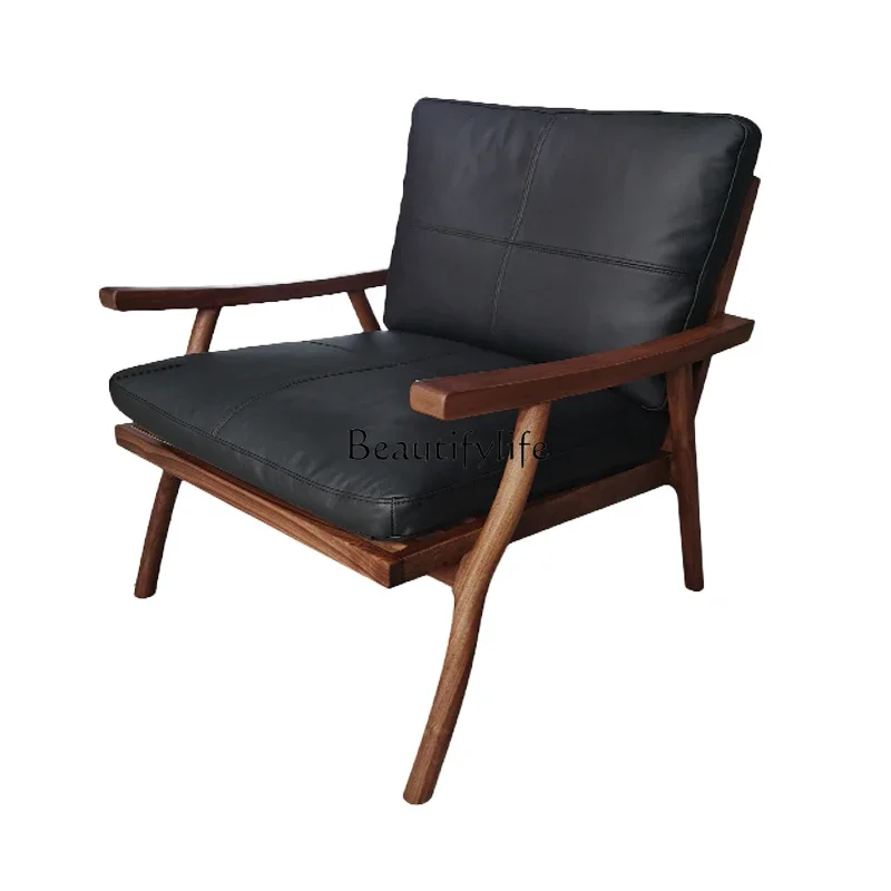 

North American black walnut leisure chair leather solid wood single armrest living room leather chair