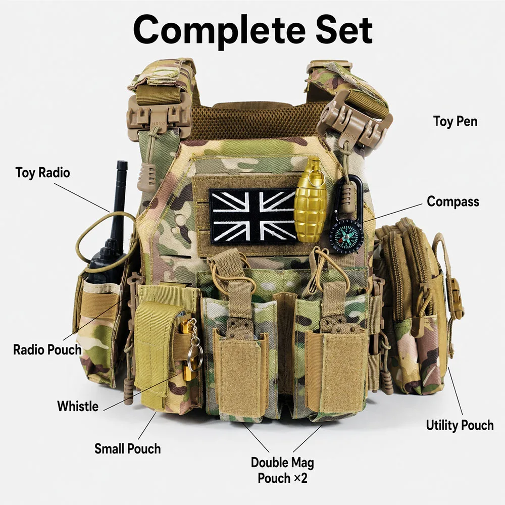 Children JPC Camo Tactical Vest Quick Release Ghost Combat Vestwith Utility Pouches for Outdoor CS Gaming Call of Duty Cosplay