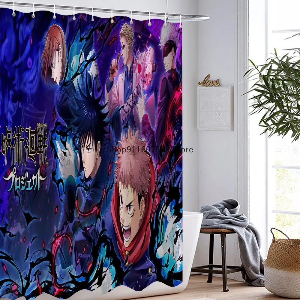 Anime Jujutsu Kaisen Shower Curtain Set Waterproof Washable Polyester Bath Curtain With 12 Hooks 180x180cm Size Decor Hoem Gift