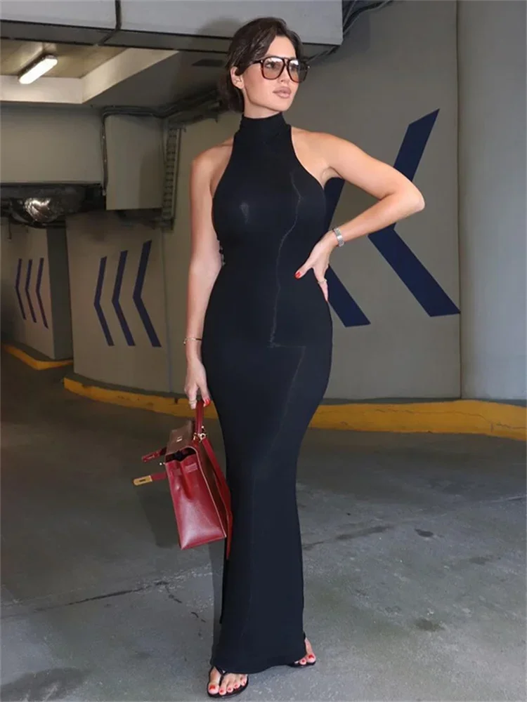 Gaun Maxi Ramping Turtleneck Hitam untuk Wanita Gaun Pesta Elegan Tambal Sulam Musim Panas Ramping Solid Pinggang Tinggi Gaun Panjang Wanita