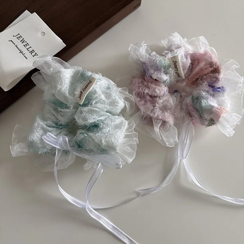 רצועת תחרה גזה גזה סרט גזה גדול צלצולים שיער אבזרים נשים מתוק rrffled צבעוני צבע שיער כהה