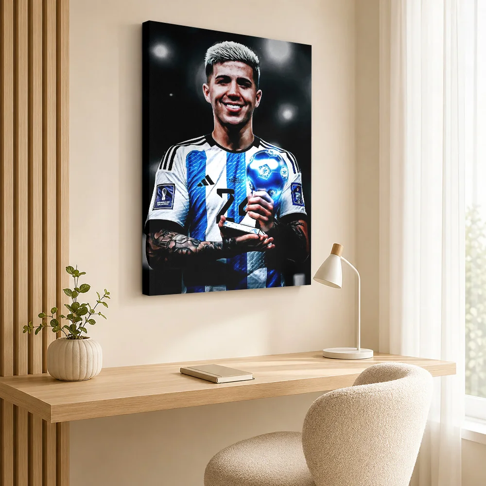 Enzo Fernandez Holding Trophy Canvas Painting Poster Bold Style Wall Decor With Personalized Photo For Games Room Ideal Fan Gift