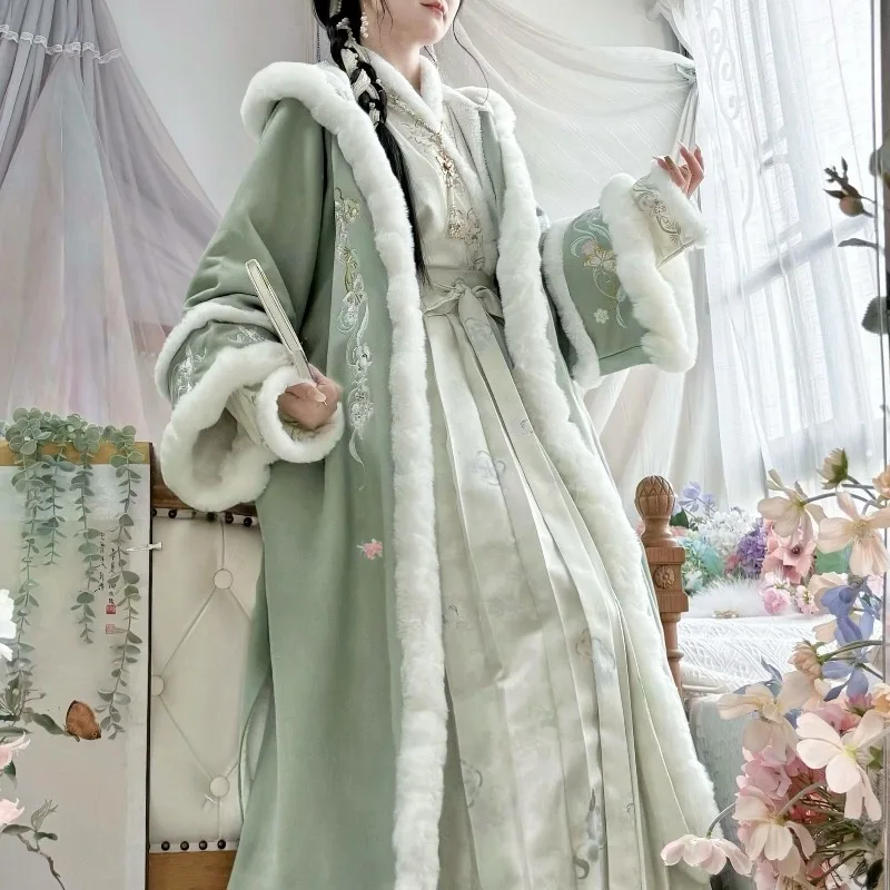 Autumn Winter Song Dynasty Chinese Hanfu Dress Set Women Traditional Vintage Floral Embroidery Princess Dress Ancient Warm Robe
