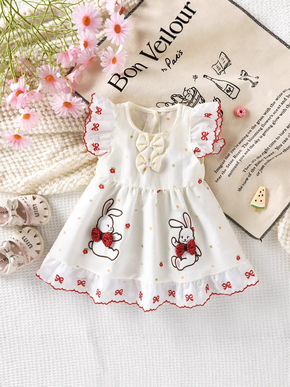 Sommerkleid für Kinder mit Niedlicher Hasen-Stickerei, 0-5 Jahre, Mädchen Flatterärmel A-Linien-Kleid, Lässige Weiche Kinderkleidung mit Polka-Dot-Druck