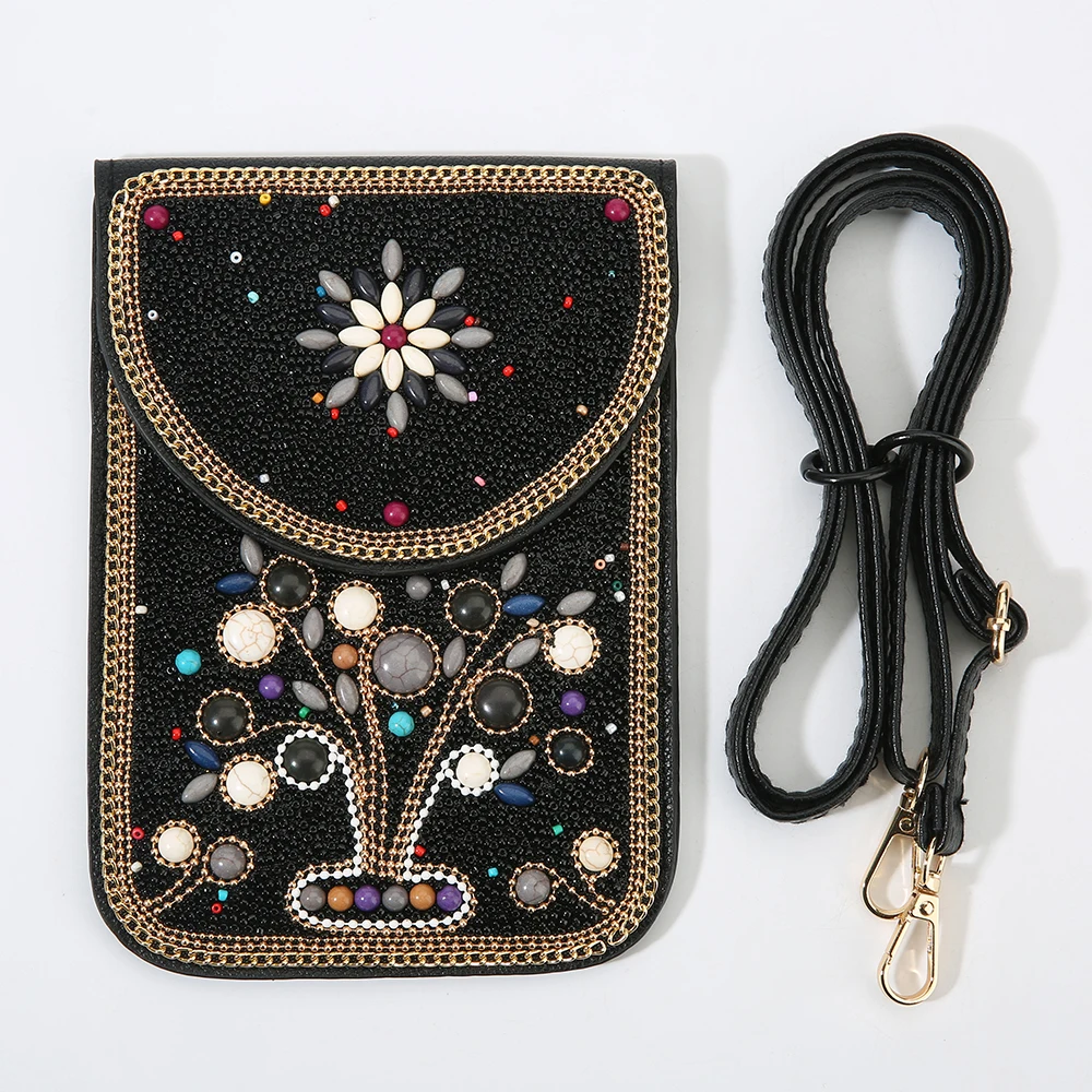black tree Xmas embroidered bohemian bag  Women Handmade Beaded Tree Floral Pattern Phone Pouch crochet boho crossbody
