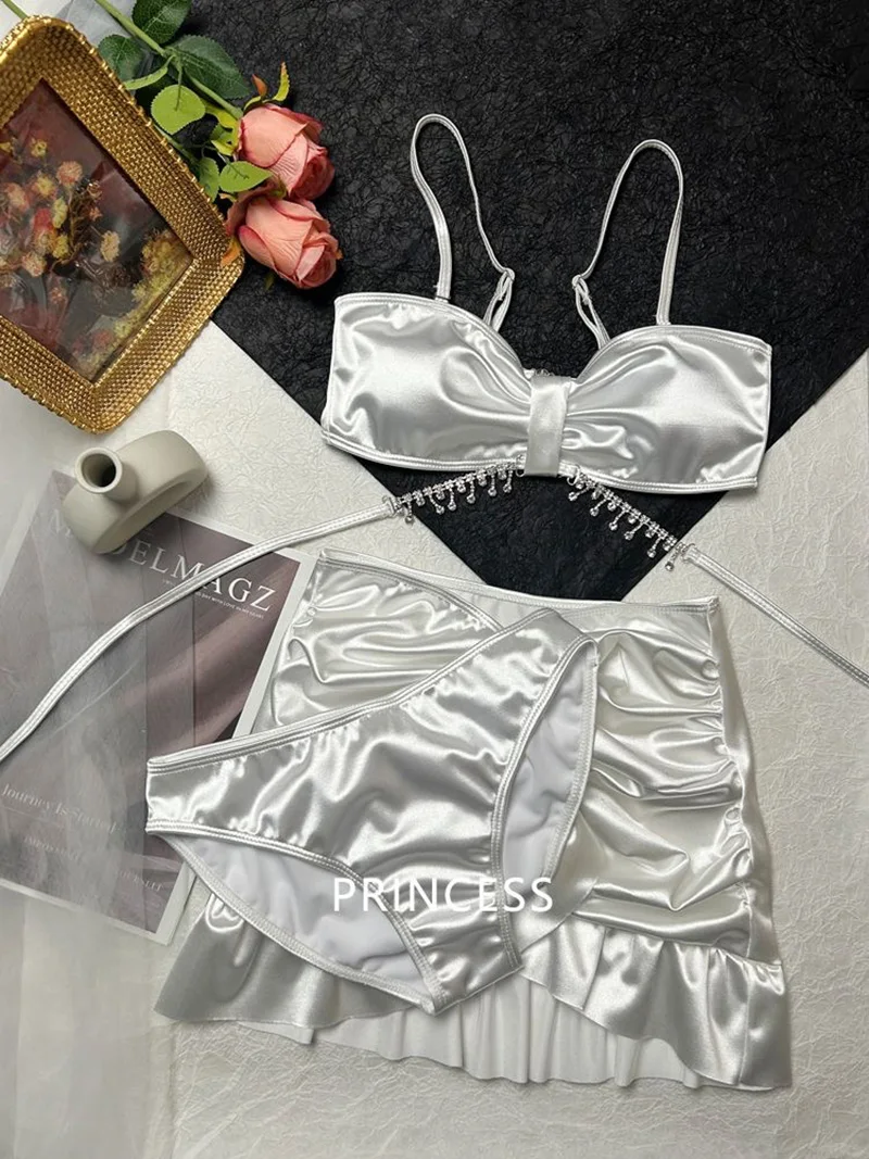 White Satin Three-Piece Bikini Set with Chain Rhinestone Decor - Sexy Ruched Skirt Bottom for Beach Vacation