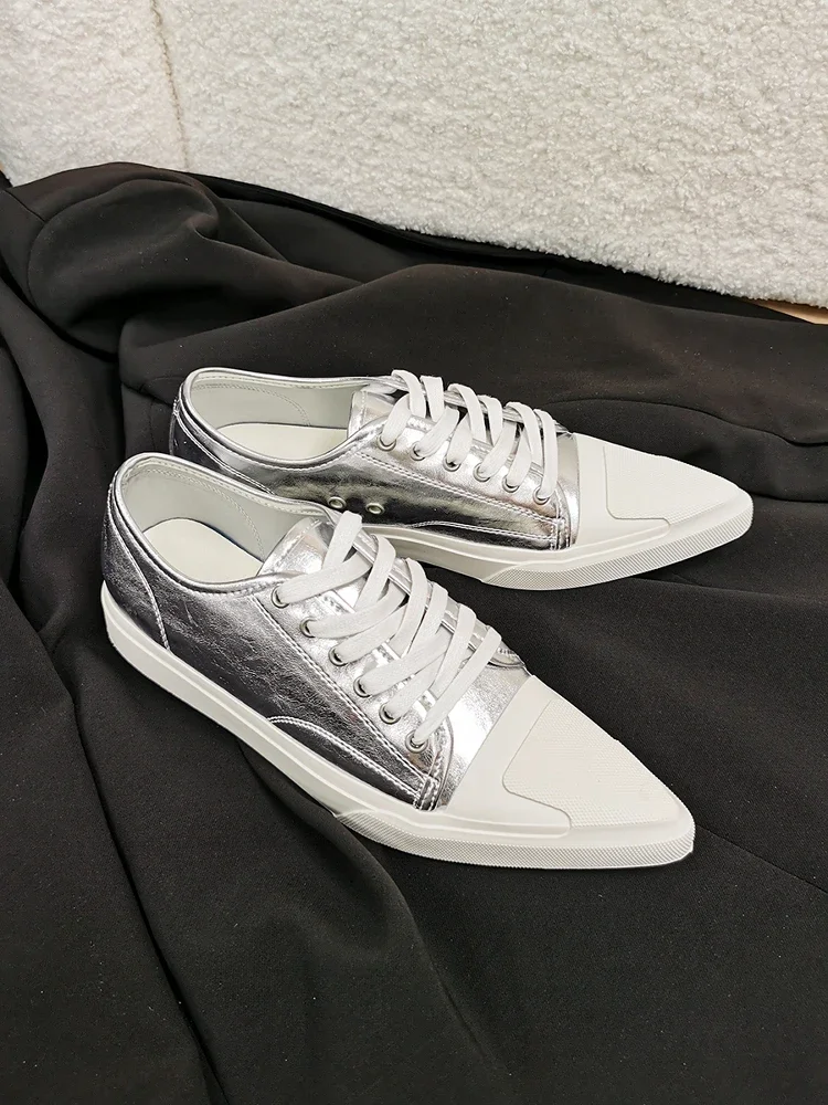 

ZHUOFU Genuine Sheepskin Fashion Pointed Toe Flat Design Girl Shoes High Street Trend Slim Sneakers Woman Lace-up Skater Shoes