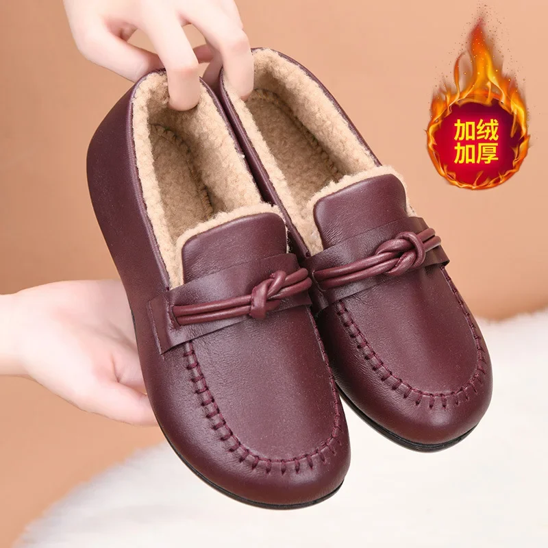 

Hot Seller Winter Women Cotton Shoes Soft Flat Non-slip Loafers Fashion Comfort Warm Plush Bow Slip on Female Flats Casual Shoes