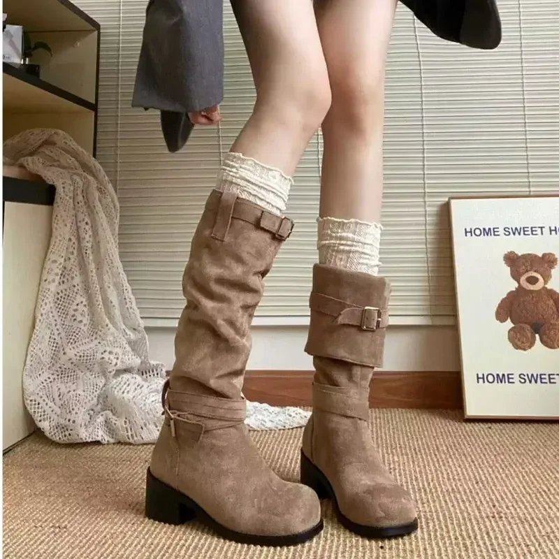 2024 Spring and Autumn High Quality Women\'s Shoes Fashionable Round Toe Medium Heel Solid Color Suede Sleeve Women\'s High Boots