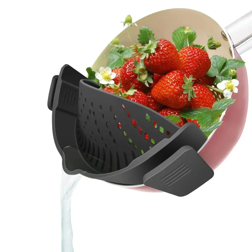 Colador de silicona con clip para ollas y sartenes, colador de alimentos para espaguetis, pasta y carne picada, compatible con todos los tazones y ollas