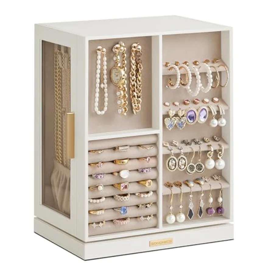 GISELLA Collection - Jewelry Box Organizer 360 Rotating, Vertical Jewelry Storage Case with 5 Drawers, Glass Window, Spacious,