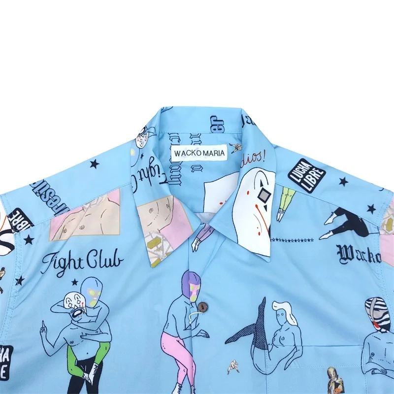 25SS New WACKO MARIA Highest Quality Character Mask Abstract Hawaii Short Sleeve Shirt Men's Women's Brand Shirt Tops