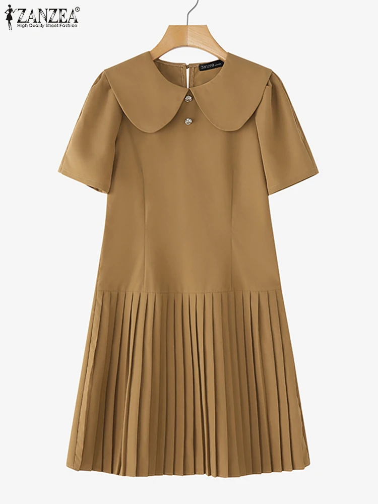 ZANZEA Zomer Mini Jurk Vrouwen Peter Pan Kraag Korte Mouw Effen Kleur Zonnejurk Geplooide Party Vestido 2025, Fashion Casual Gewaad
