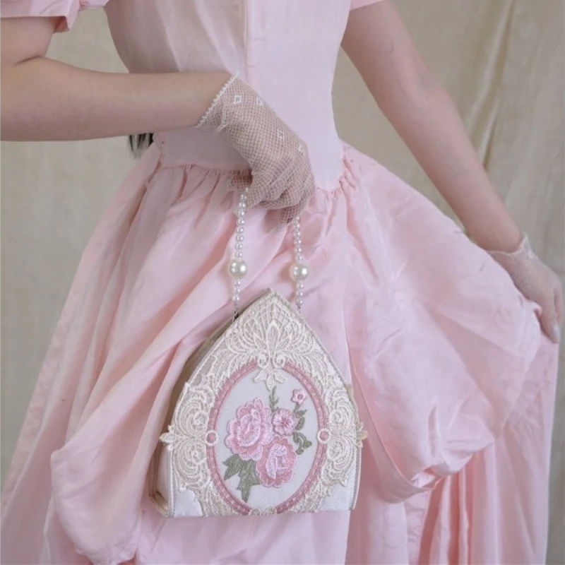 Temperament Flower Embroidery Handbags Sweet Y2k Aesthetic Chic Lace Top-Handle Bags Fairy Girls Pearl Chain Purse Women Fashion