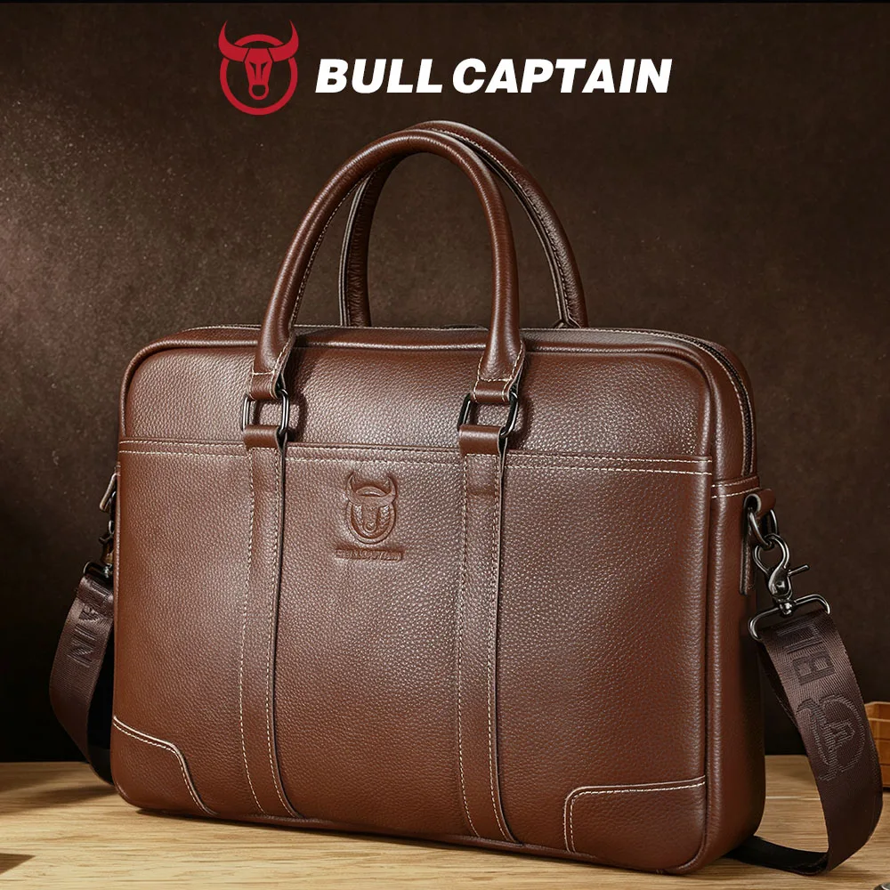 BULLCAPTAIN Genuine Leather Men Briefcase Business Handbag Real Cowhide Laptop Bag Casual Shoulder Messenger Bag for Men