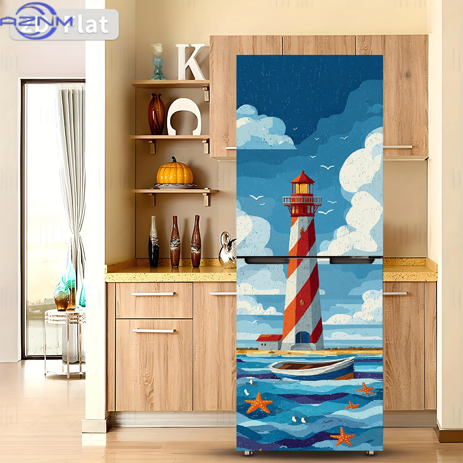 1pc of Refrigerator Sticker Measuring Featuring a Lighthouse And Ocean Scene Design, Self-Adhesive Wall Decor Suitable for Cab