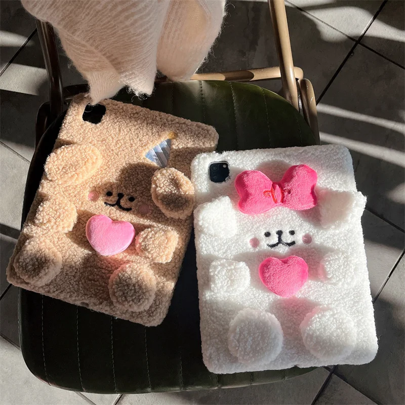 Fluffy Fuzzy Plush Fur Case Tablet For Apple ipad 10.9 Air6 Pro11 2024 Cute Bear 10.2 10.5 12.9 inch Air 4 5 Mini 6 7th 8th 9th