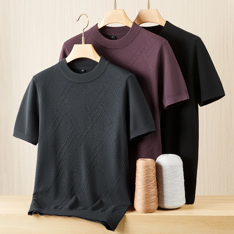 

Jacquard Mock Neck Men Sweater Knitwear Short Sleeve Oversize 7XL Winter Quality Skin-Friendly Silky Pullovers Sueters De Hombre