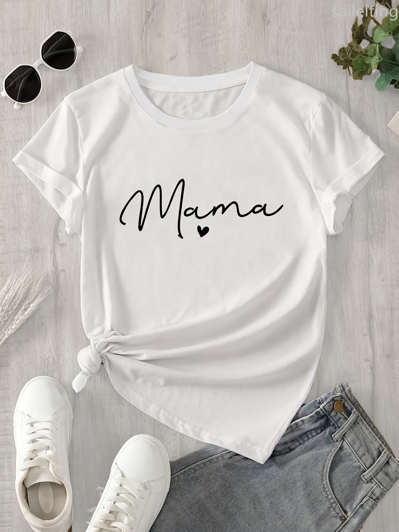 

Women's Mama & Heart Print Casual Short Sleeve T-Shirt Harajuku Sleeve Casual Women's Clothing Street Aesthetic Clothes