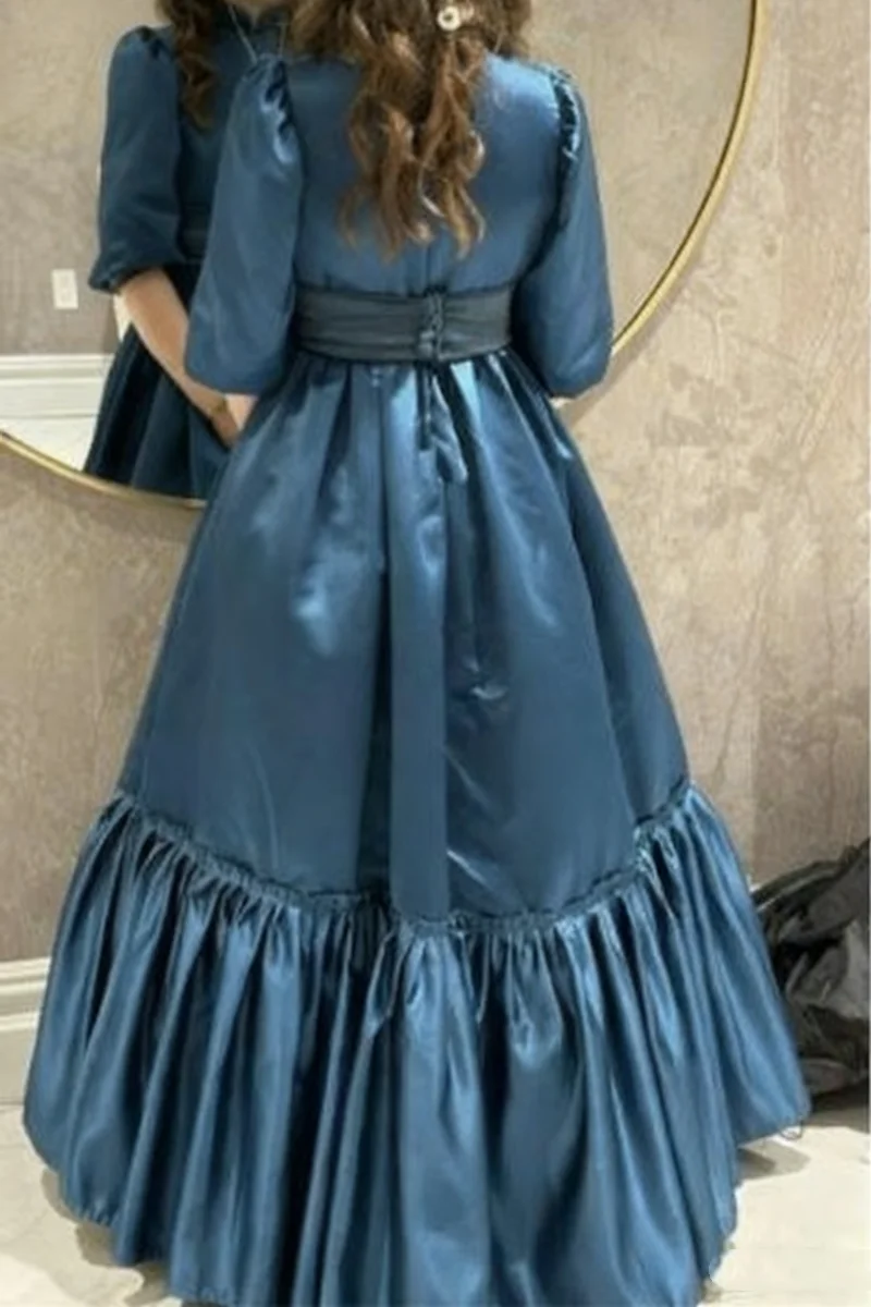 فستان فتاة أنيق مخصص على شكل حرف a فستان وصيفة العروس برقبة عالية مناسب لحفلات الزفاف المراهقين مطوي من الساتان فستان رسمي