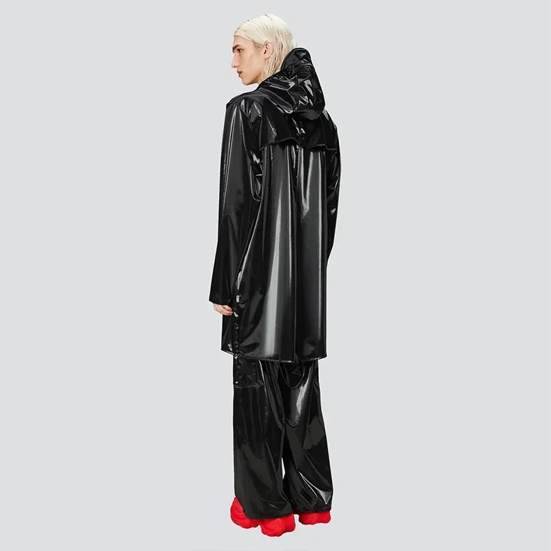 Men's Punk PU Trench Gothic Glossy Patent Leather Single Breasted Hooded Trench Coat Male Long PVC Waterproof Raincoat Custom